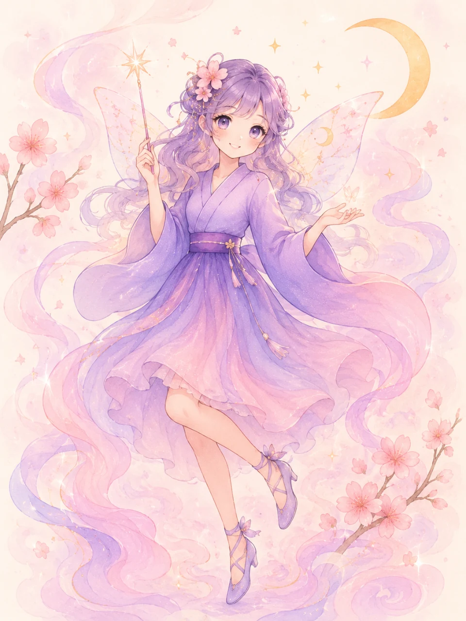Fada mascote do Ateliê da Yuki, com asas translúcidas, quimono lilás e lua dourada